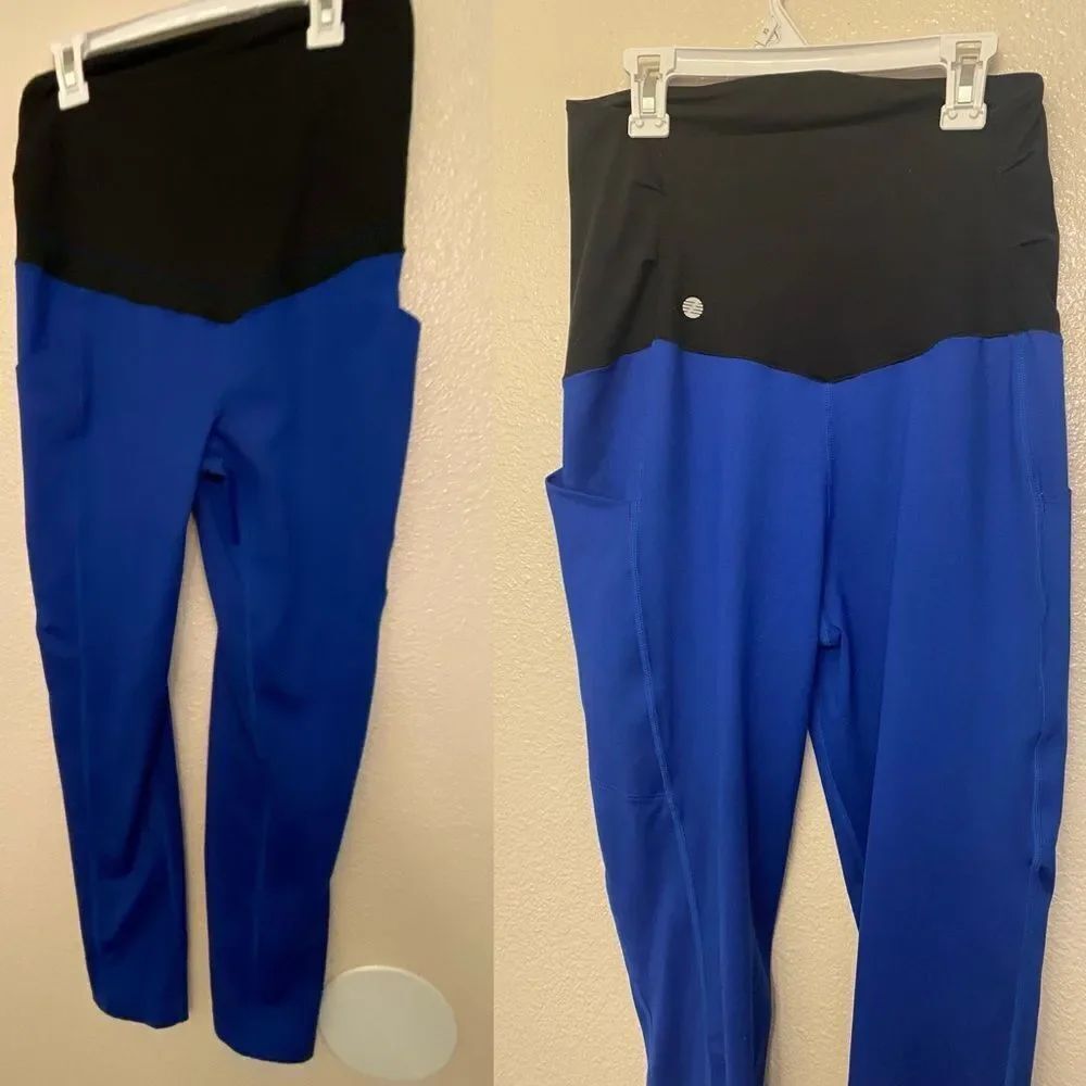 Zella Womens maternity Stretch hi rise full length Leggings blue black pockets S